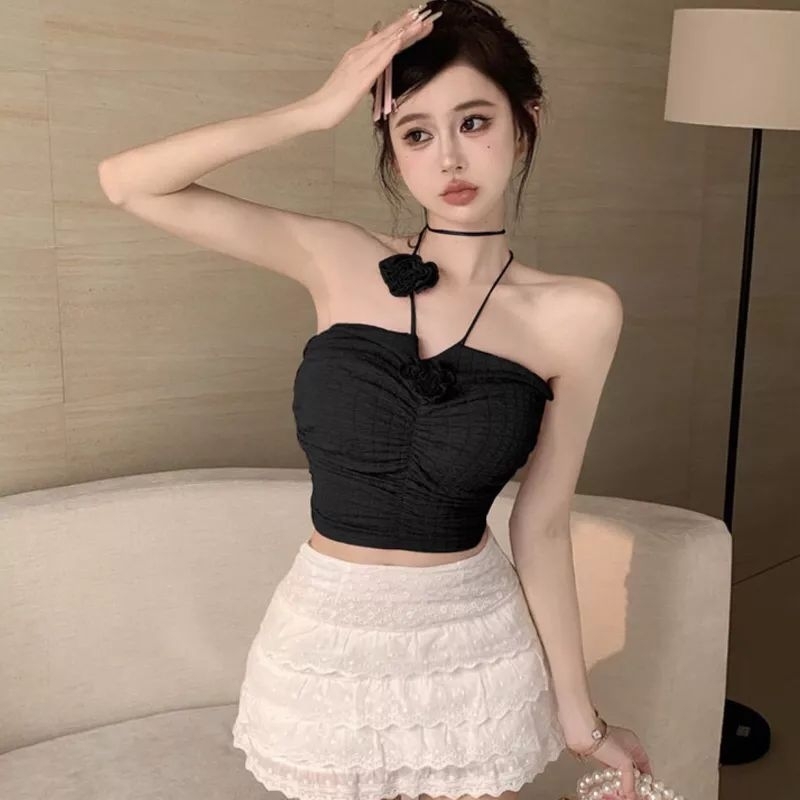 ey-shop688-พร้อมส่ง-900-เสื้อเกาะอกผ้าไหมพรมแต่งดอกไม้-เสื้อคล้องคอจับจีบย่นผ้ายืดได้