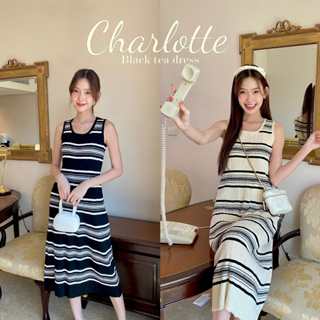 chuuchop_พร้อมส่ง(C8177)🍙☕️🍥 Charlotte black tea dress เดรสยาวแขนกุดลายทาง