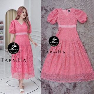 เดรสลูกไม้สีชมพู!!! S-6XL Maxi Dress เดรสสีชมพูแขนพองผ้าซีทรูปักลาย งานป้าย Tarm Ha