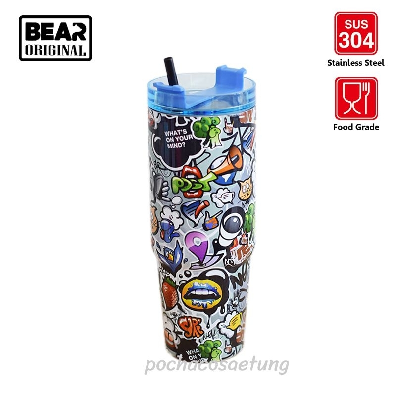 แก้ว-bear-grafiti-3d-ขนาด-30oz-ทรง-stanley-แถมหลอด-แปรงล้าง