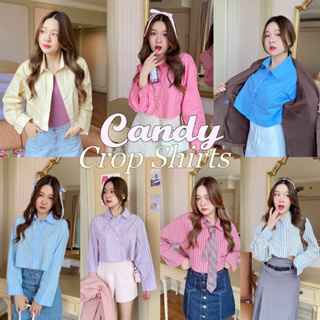 พร้อมส่งทุกสี_chuuchop(C8181)🍭🍧✨ Candy Crop Shirts เสื้อครอปเชิ้ตสีพื้น&amp;ลายทาง