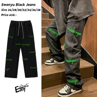 กางเกงยีนส์แนวสตรีท ยีนส์เอวยืด กางเกงยีนส์ ยีนส์กระบอกตรง ยีนส์ฟอก กางเกงยีนส์ผู้ชาย Street fashion รุ่น Sawenyu black