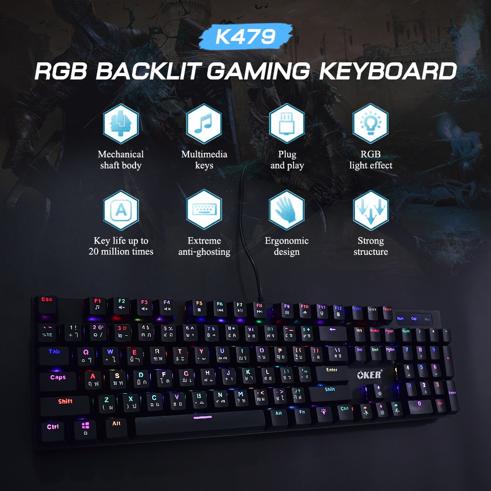 แท้100-k479-oker-backlit-keyboard-gaming-mechanical-blue-switch-คีย์บอร์ด-เกมมิ่ง-แป้นพิมพ์คอม-มีไฟ-479