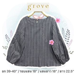 🇯🇵💯grove เสื้อผ้าฝ้ายญี่ปุ่น แขนพอง สี่ส่วน ลายขาว-ดำ (อก39-40)