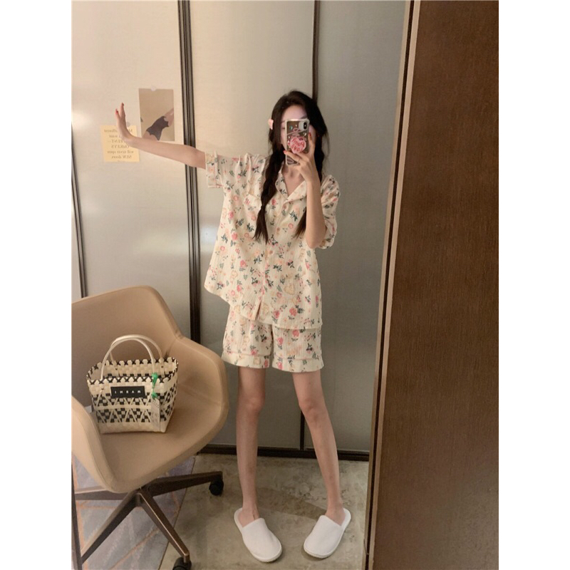 sy-ผ้าอองฟอง-ชุดนอนผู้หญิงแขนสั้นน่ารักสามารถสวมใส่นอกในฤดูร้อน-น่ารักใสสบาย