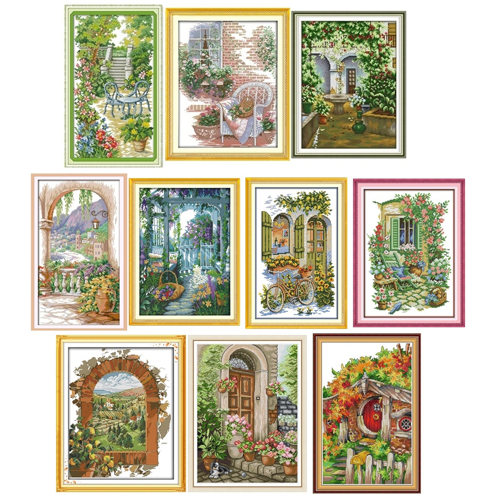 ชุดปักครอสติช-ในสวน-ดอกไม้-นั่งเล่น-วิว-สวน-garden-flower-cross-stitch-kit