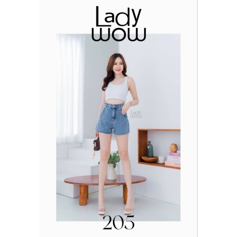 ladywow205กางเกงยีนส์ขาสั้นสีฟอกผ้าไม่ยืดเอวสูง