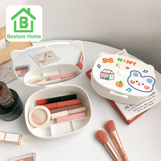 BestoreHome กล่องเก็บเครื่องสำอาง มีกระจกด้านใน จัดเก็บอุปกรณ์แต่งหน้า น่ารัก มินิมอล