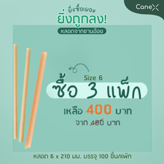 หลอดจากชานอ้อย 6x210mm ตัดตรง (มีซองกระดาษ) ซื้อ 3 Pack จำนวน 300 ชิ้น