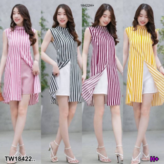 B18422 set 2 ชิ้น เสื้อแขนกุดลายทาง ผ่าหน้า + กางเกงขาสั้น Set of 2 pieces. Striped sleeveless shirt + front slit + shor