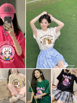 PBTB009⭐10 สี🌸พร้อมส่ง🌸เสื้อยืดคอกลมแขนสั้นลายเกาหลีแฟชั่นผู้หญิง เสื้อผ้าลายการ์ตูนนักเรียน oversize T-shirt ผ้านิ่มมาก