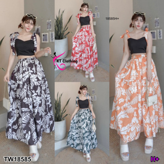 TW18585 Set 2 ชิ้น เสื้อครอป สายผูกไหล่+ กระโปรงยาว