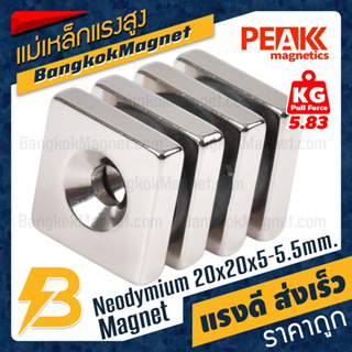 แม่เหล็กแรงสูง 20x20x5-5.5mm แม่เหล็กแรงดันสูงสี่เหลี่ยมมีรู PEAK Magnetics งานเกรดแท้ แรงดึงดูดสูง BK2061