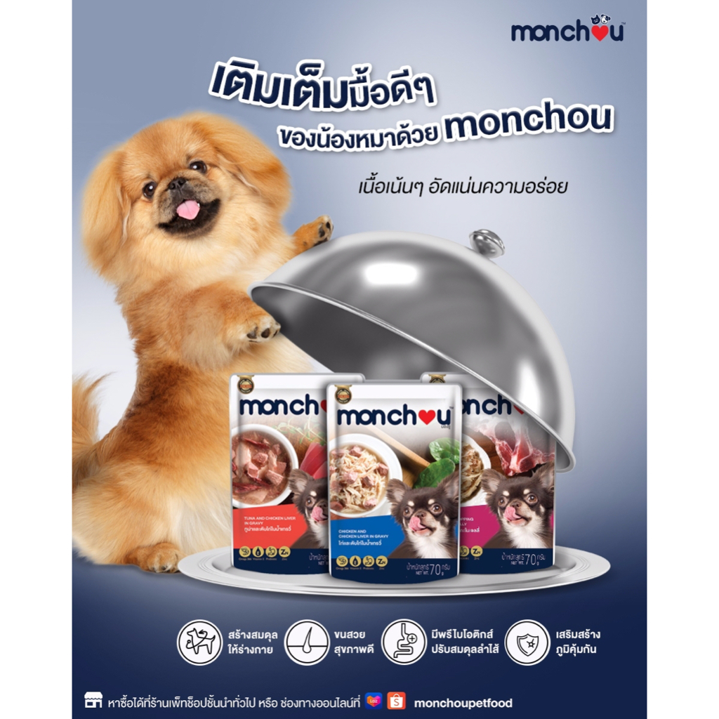 monchou-70g-อาหารเปียกหมาแบบซอง-7-รสชาติในน้ำเกรวี่
