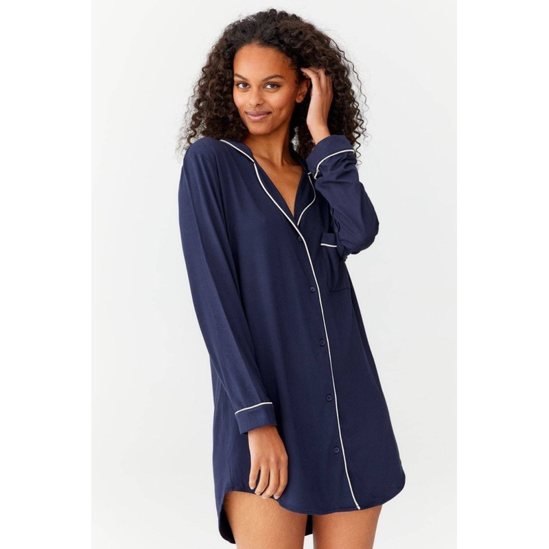 Dip Pajamas ชุดนอนสีกรมท่า แต่งแถบสีขาว ผ้ายืด ผ้านุ่มมากก Shopee