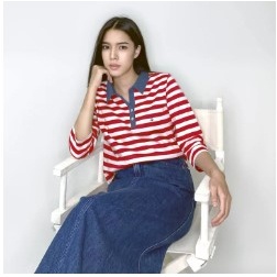 พร้อมส่ง💥PORTLAND เสื้อยืดคอปก แขนสามส่วน ลายริ้ว (สีขาว แดง) / 3/4 Sleeves Polo Collar Striped T-Shirt (White Red) - XL