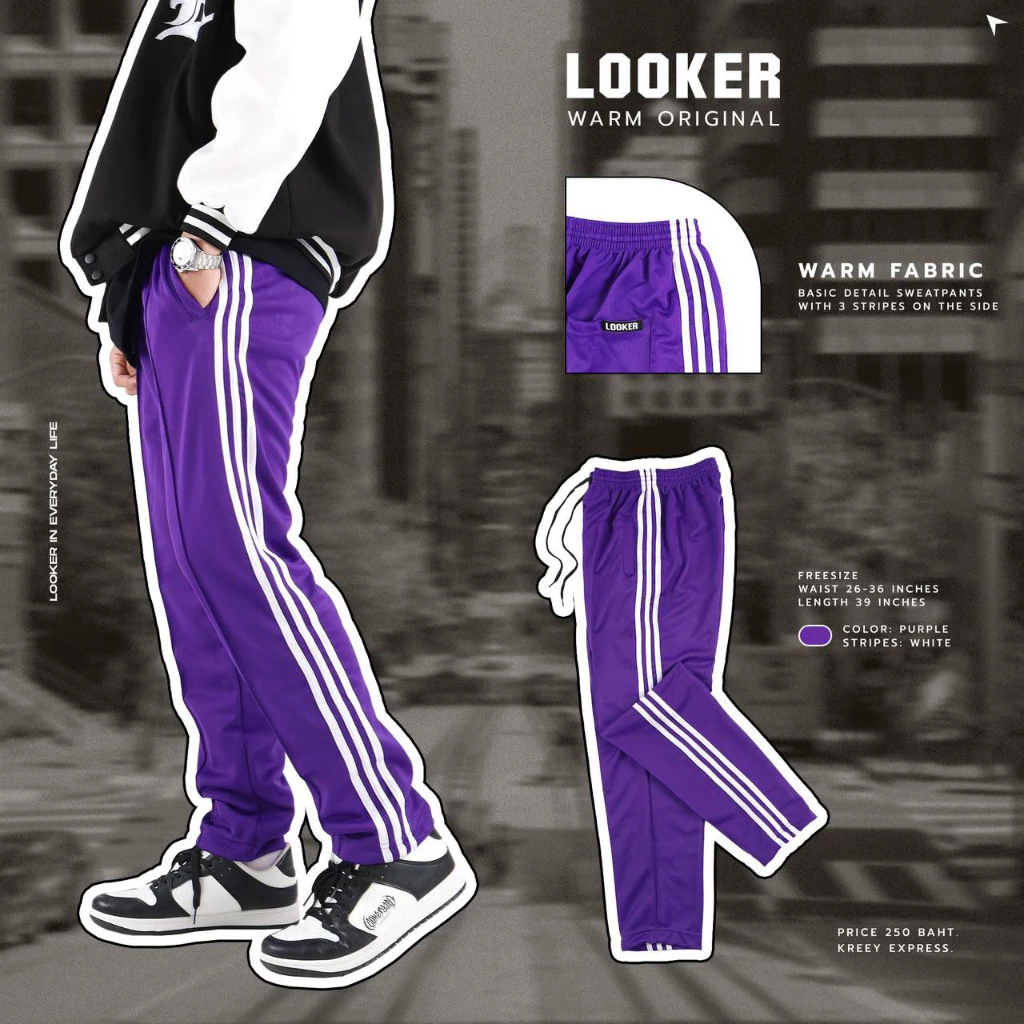 LOOKER - กางเกงขายาว กางเกงวอร์มขายาวรุ่นสามแถบ สีดำ สีขาว สีแดง สีเหลือง สีน้ำเงิน สีชมพู สีม่วง สีส้ม สีเขียวไมโล https://wayoza.com