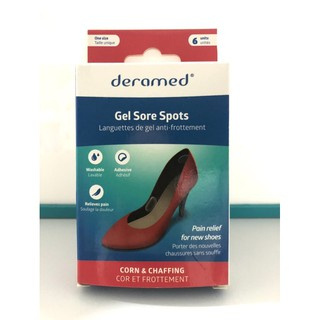 Deramed gel sore spots แผ่นเจลชิ้นเล็กป้องกันการเสียดสีระหว่างเท้ากับรองเท้า สามารถแปะได้ตามจุดที่ต้องการ กล่องละ 6 ชิ้น