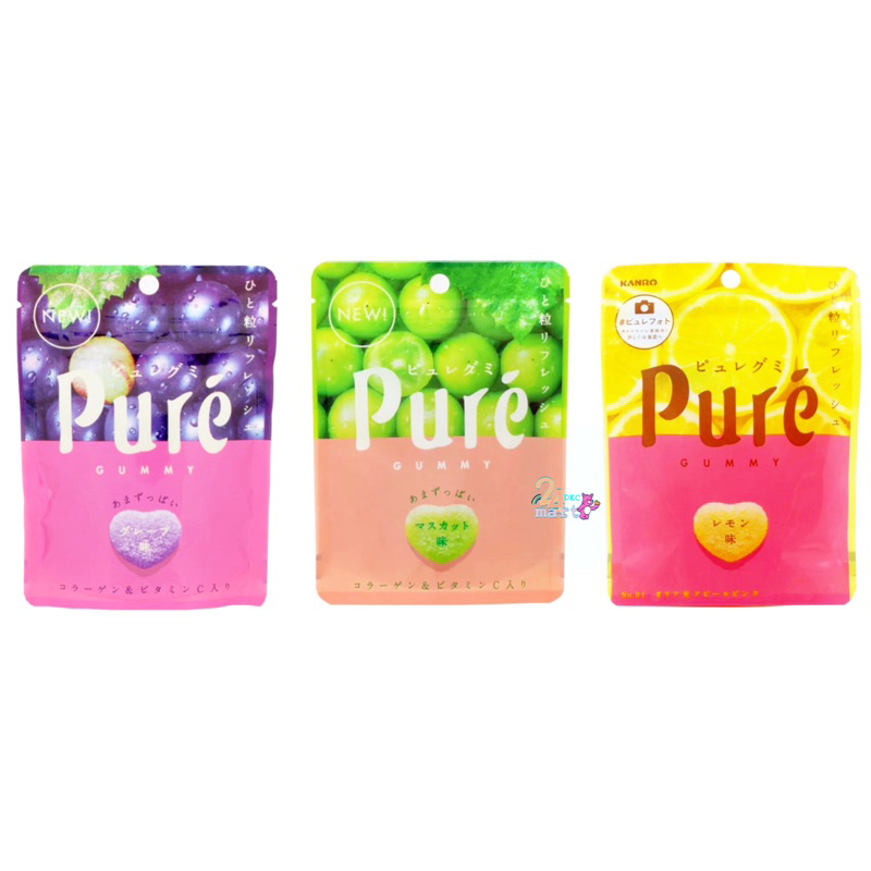 คันโระ-ลูกอมเคี้ยวหนึบรูปหัวใจ-3-รส-ขนาด-56-กรัม-สินค้านำเข้าจากญี่ปุ่น-kanro-pure-gummy-3-flavors-องุ่น-มัสคัส-เลมอน