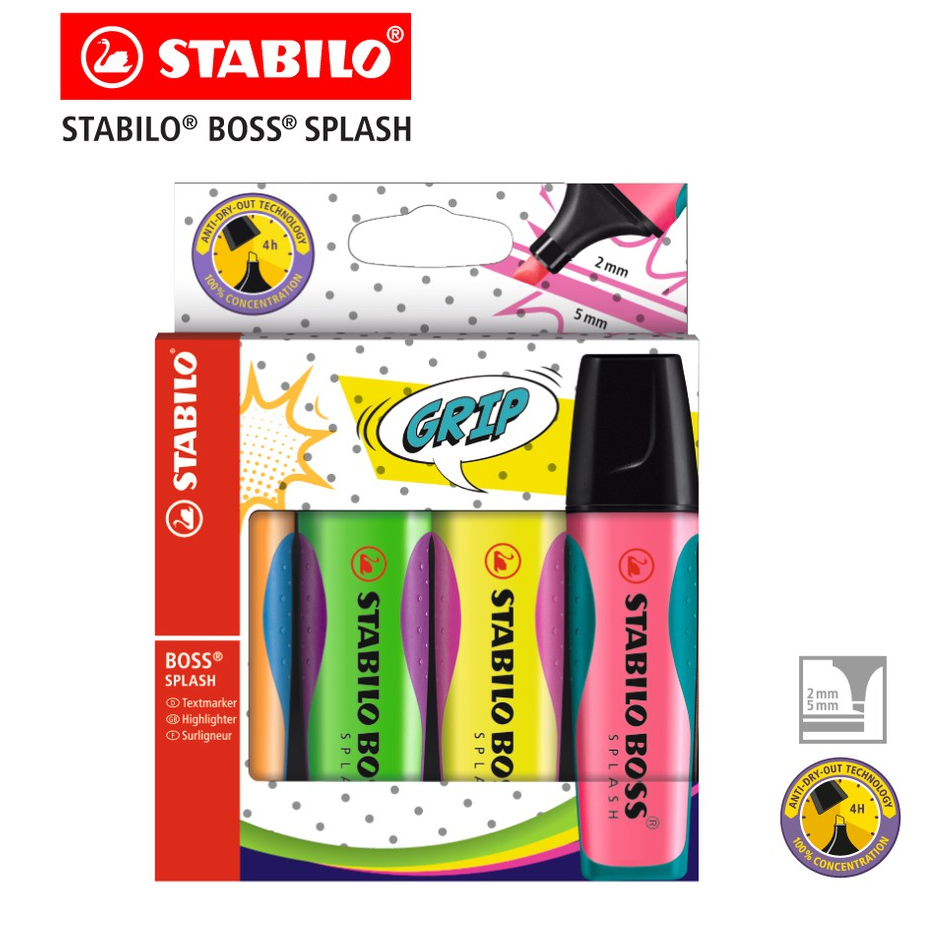STABILO Boss Splash ปากกาไฮไลท์ ปากกาเน้นข้อความ สีสะท้อนเเสงแพค 4 สี ...