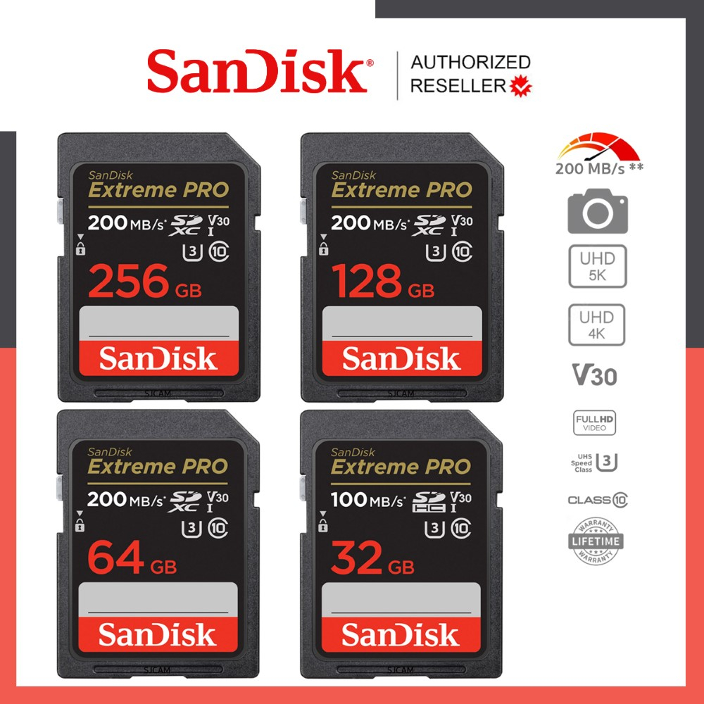 ราคาและรีวิวSanDisk Extreme Pro SD Card SDXC Speed R 200MBs 32GB 64GB 128GB ( SDSDXXD ) เมมโมรี่การ์ด SDCARD กล้องถ่ายภาพ DSLR ประกัน Synnex lifetime SDSDXXO SDSDXXU