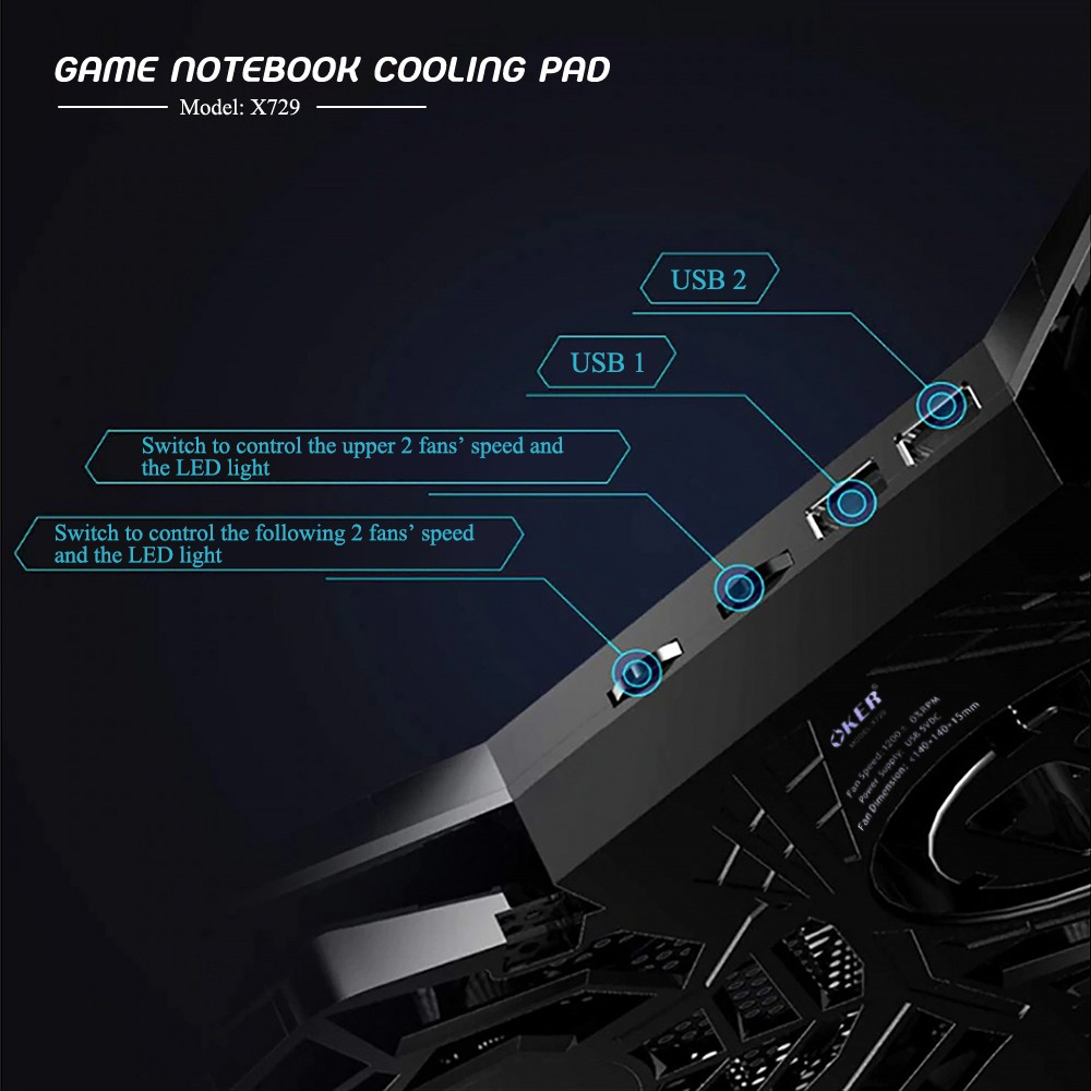 แท้100-oker-x729-พัดลมรองโน๊ตบุ๊ค-game-laptop-cooler-pad-cooling-equipment-4-core-cooling-mute-radiator-cc-729