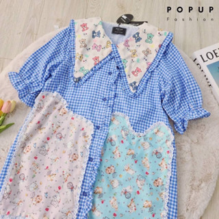 เดรสลายสก๊อตสีฟ้า กระเป๋าลายหมี💙🧸ป้าย popup