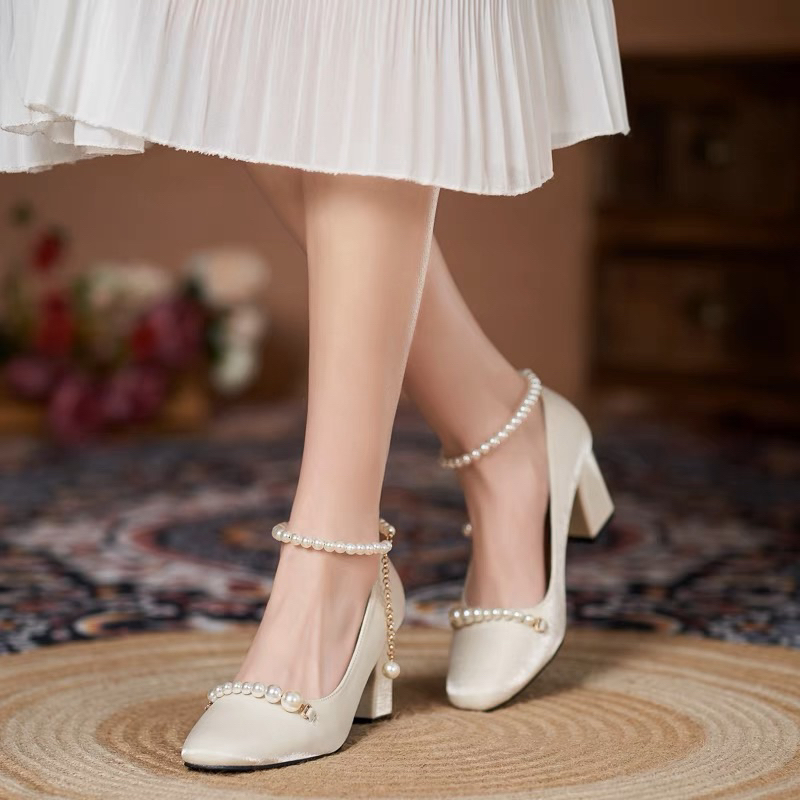 sale-รองเท้าแมรี่เจนประดับไข่มุก-คัทชูส้นหนารองเท้าสำหรับเจ้าสาว-ไซส์-42-265mm-ส้นสูง-5-ซม