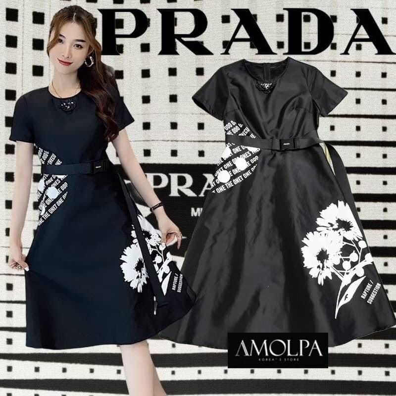 dress-prada-งานใหม่-2021ss-งานน่ารักมาก-ผ้าดี๊ดีย์-หน้าอกปักดอกไม้-3d-พิมพ์ลาย-prada-มาพร้อมเข็มขัด-prada