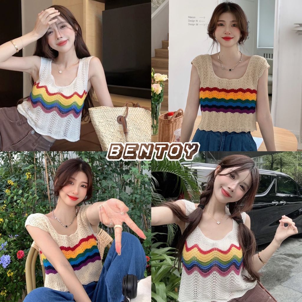 bentoy-c632-เสื้อกล้ามไหมพรม-สีรุ้ง-ดีเทลผูกคอ-ลายทาง-เซ็กซี่-น่ารัก