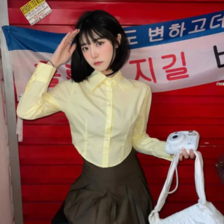 พร้อมส่ง✨ เสื้อทำงานแฟชั่นสไตล์เกาหลี POLO คอปก สั้น หลวม สีทึบ เสื้อแขนยาว มี 3 สี
