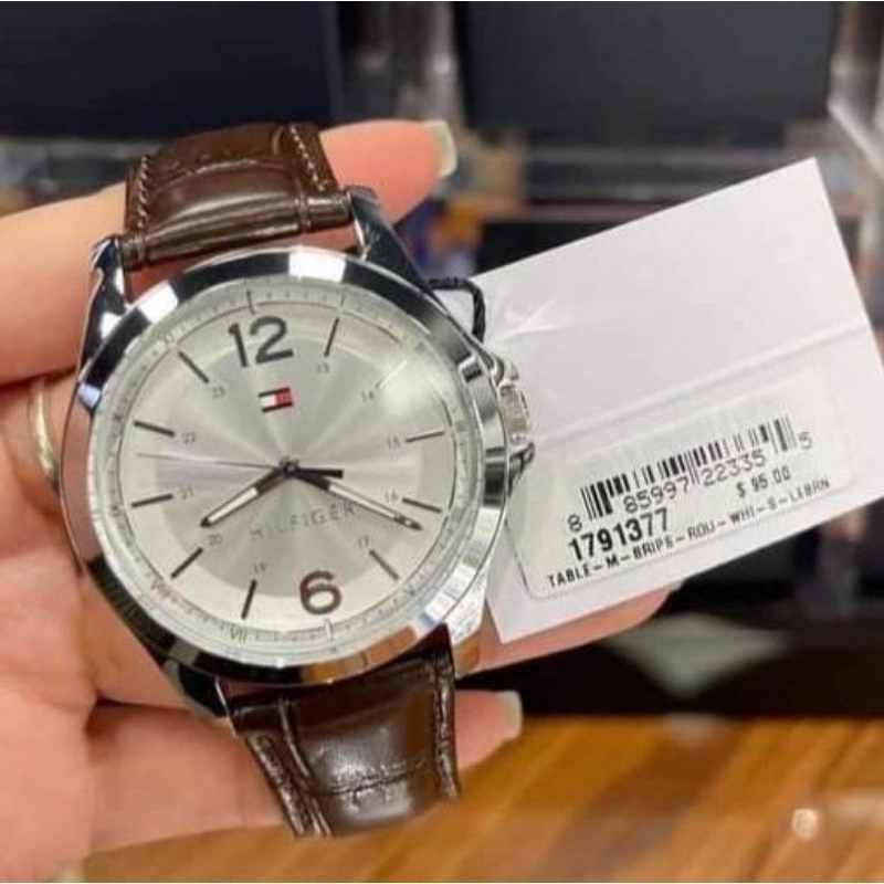 ⌚New Tommy watch หน้าปัดขาว สายหนังสีน้ำตาลเข้ม | Shopee Thailand