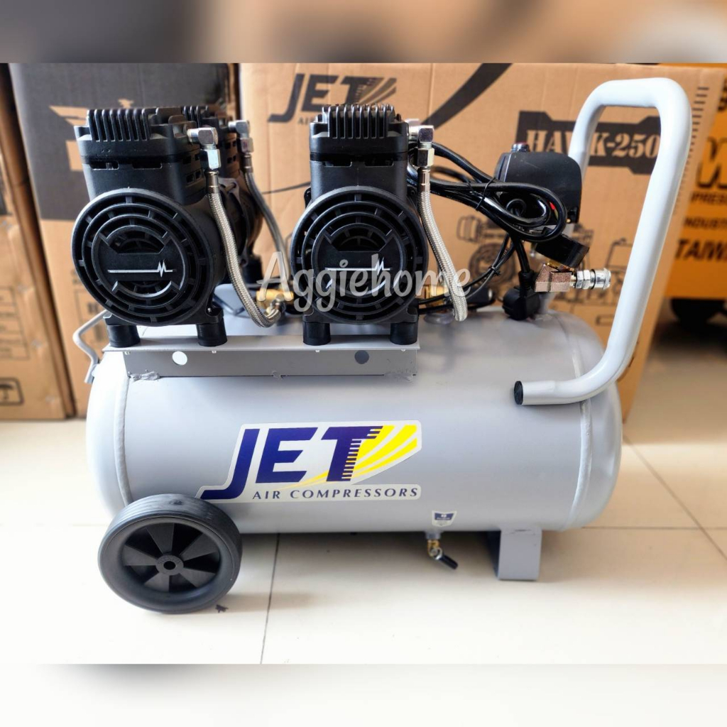 jet-ปั๊มลมไร้น้ำมัน-oil-free-รุ่น-hawk-250-220v-มอเตอร์-1450w-x2-ถัง-50-ลิตร-2850-รอบนาที-เครื่องปั๊มลม-สูบลม-ออยฟรี