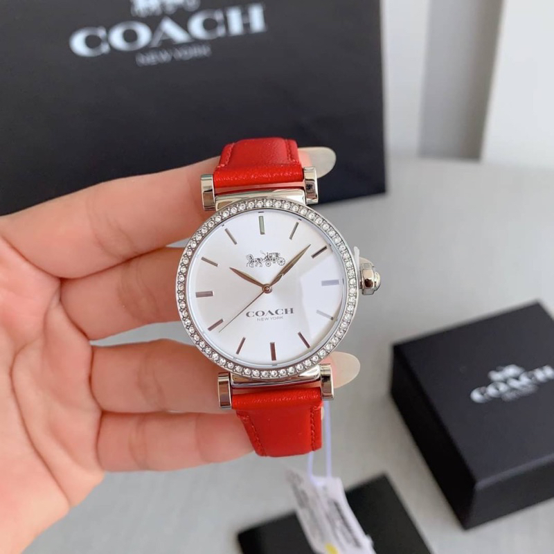 ผ่อน0-นาฬิกา-สายหนังแดงตัวเรือนเงิน-coach-madison-crystal-watch-14503869-หน้าปัดกลม-ล้อมคริสตัล-ขนาด-34-mm