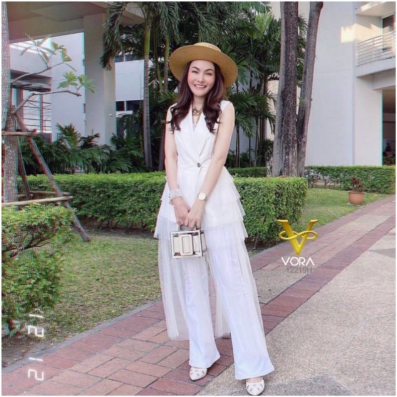 เดรสยาว-คอปกสูท-แขนกุด-แต่งผ้าตาข่าย-ชุดสีขาว-เสื้อผ้าแฟชั่น-12219