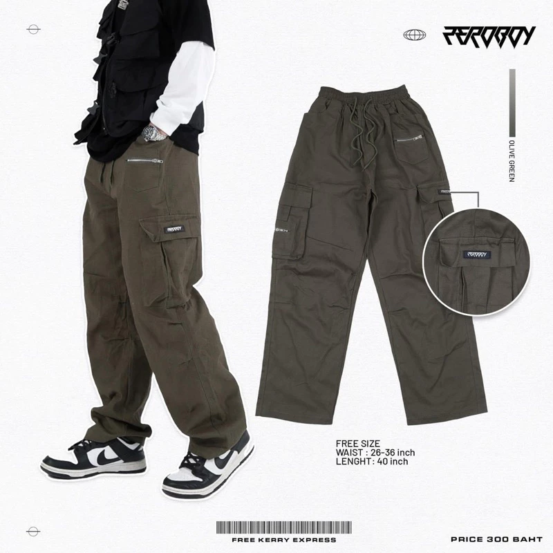 ZEROBOY - CARGO PANTS กางเกงคาร์โก้กระบอกใหญ่ 4 สี สีครีม สีดำ สีเทา สีเขียวขี้ม้า https://wayoza.com