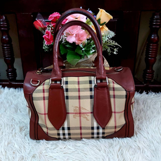 มือสอง Burberry Beige/Brown Haymarket Coated Canvas And Leather Zip Satchel ของแท้ หนังแท้ ไม่มีตำหนิหนัก