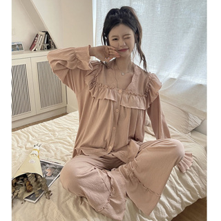 ชุดนอนสไตล์เกาหลีสตรีคาร์ดิแกนแขนยาวบางหลวมชุดบริการที่บ้านของนักเรียน