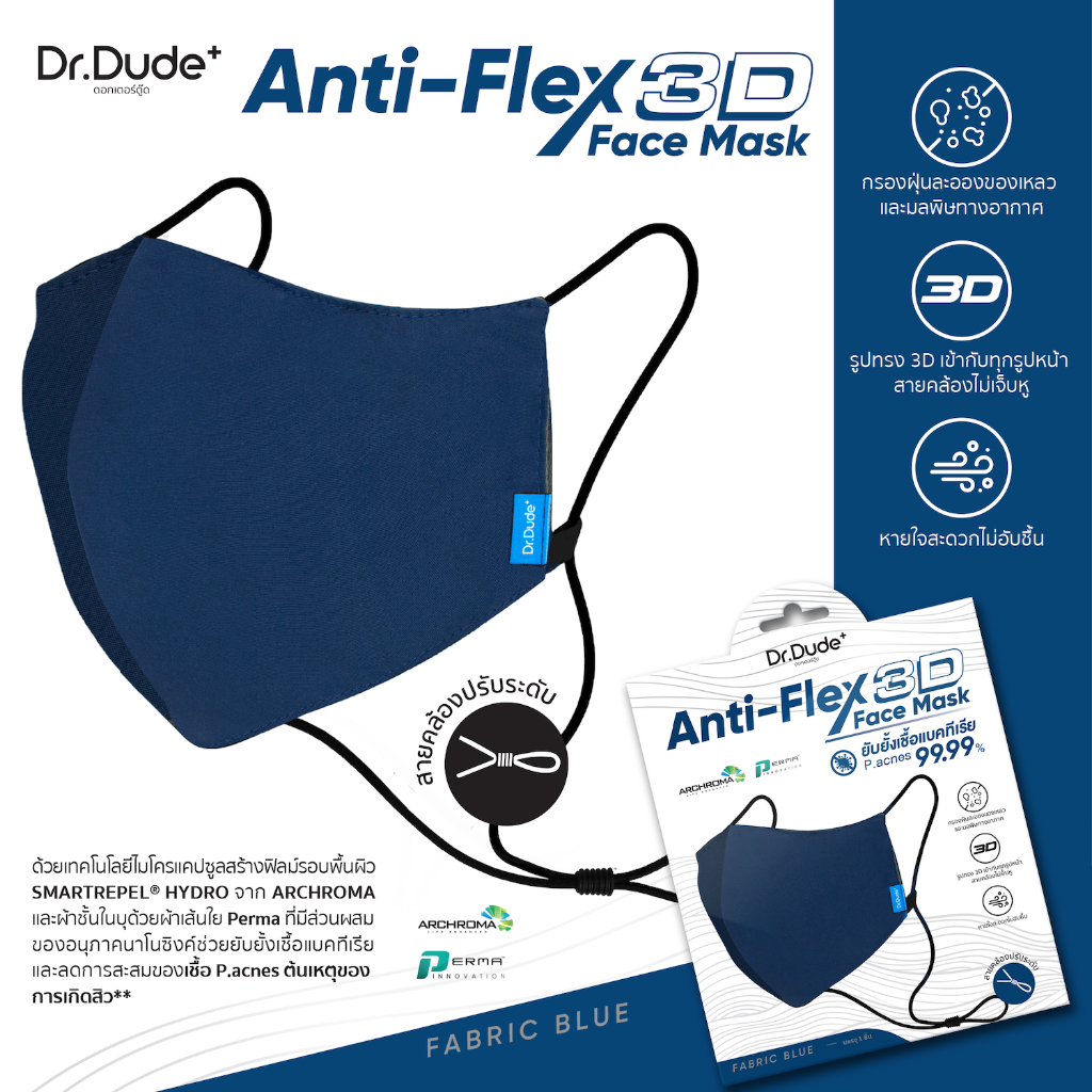 โค้ดส่วนลด-dr-dude-anti-flex-3d-face-mask-รุ่นปกป้อง-2-เท่า-ด้วย-filter-ของเหลวและยับยั้งเชื้อแบคทีเรีย-p-acne-99-99