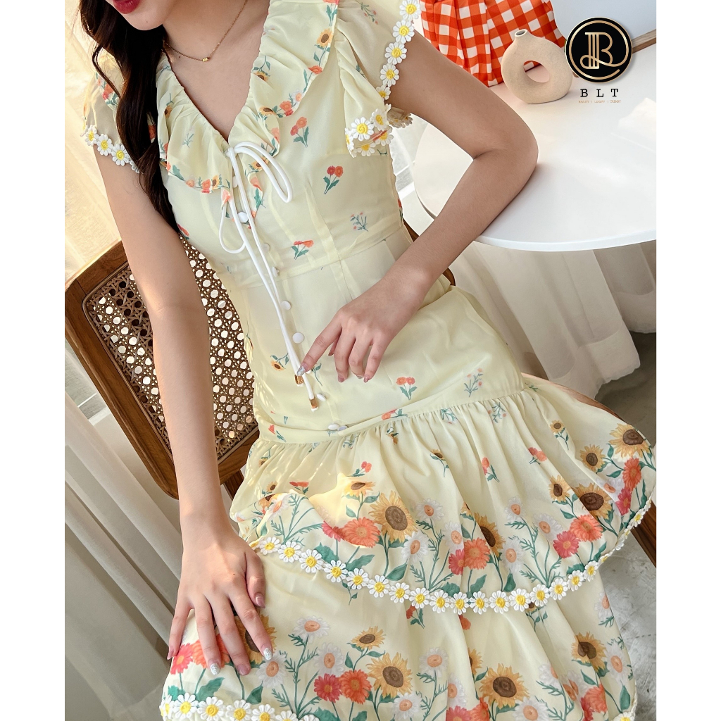 r110-tangerine-vanilla-dress-เดรสสีเหลืองละมุน-ลายพิมพ์คอลเลคชั่นทานตะวัน