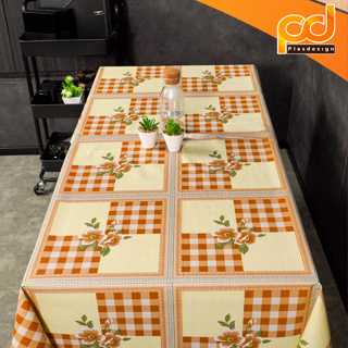ปูโต๊ะหลังผ้า ยาว 1.40 เมตร และ ยาว 1.80 เมตร ลายดอกไม้สีส้ม L007B เนื้อเหนียว ทนทาน กันน้ำ กันลื่น by Plasdesign