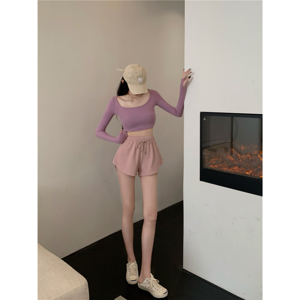 S-088 กางเกงขาสั้น บบผูกเชือก สวมใส่สบาย ลําลองสําหรับสตรี เอวสูงขากว้างทรงหลวมขนาดพลัสเหมาะกับการเล่นฟิตเนส - 4