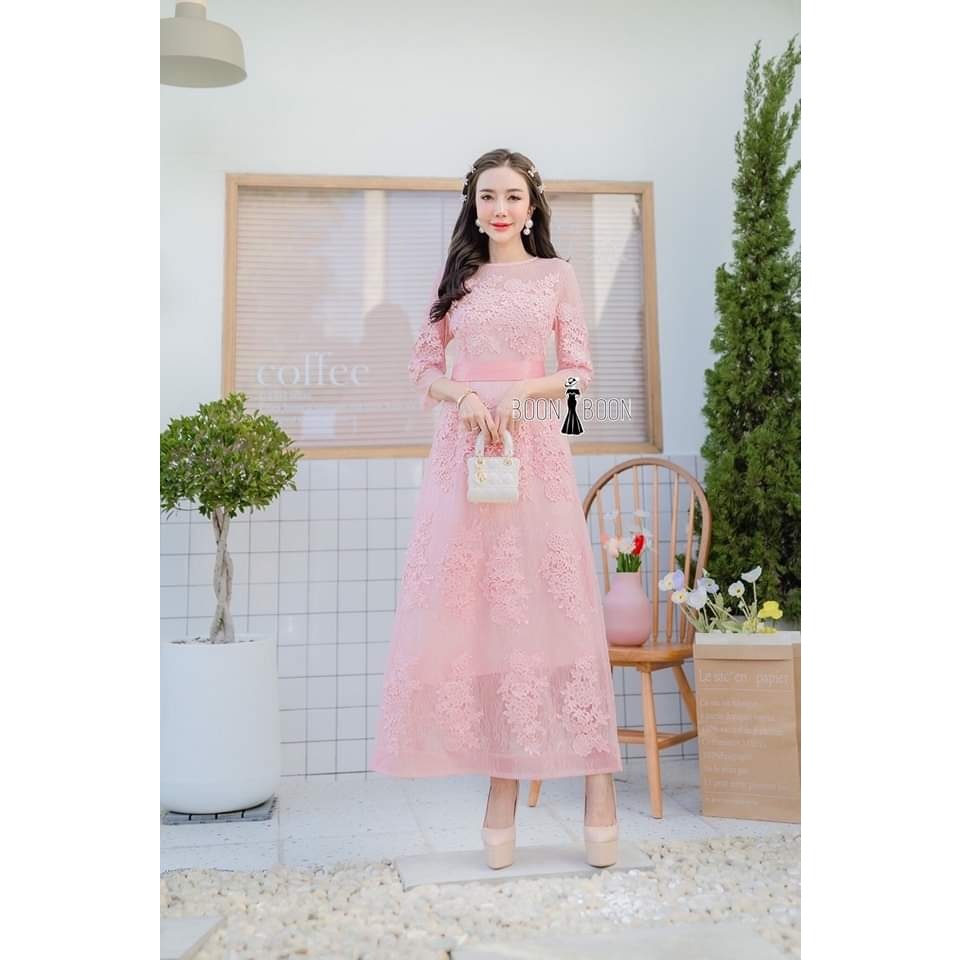 เดรสลูกไม้ไฮโซ M-4XL ชุดเดรสยาวออกงาน พรางพุง สายโบว์ ไซส์ใหญ่ถึง4XL มุมมองที่ 2