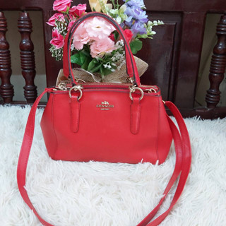 มือสอง coach f36718 Mini Christie Carryall Crossbody HandBag In Crossgrain Leather Red ของแท้ ไม่มีตำหนิ