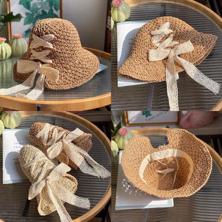 หมวกสานปีกกว้างผู้หญิง-ข้างหลังตกแต่งด้วยลูกไม้-เหมาะกับการใส่เที่ยวทะเล-พร้อมส่งจากไทย-s066