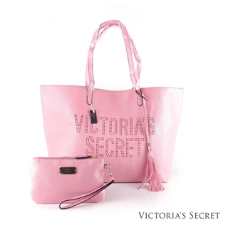 Victoria’S Secret  กระเป๋าหนังเรียบ Laser Cut Logo  เซ็ต2 ใบ สีชมพู  ของแท้100% New!