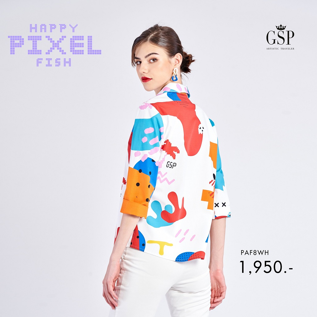 gsp-เสื้อปกเชิ้ต-พิมพ์ลาย-happy-pixel-fish-แขนสี่ส่วน-กระดุมผ่าหน้า-ทรงพอดีตัว-แบรนด์-paf8wh