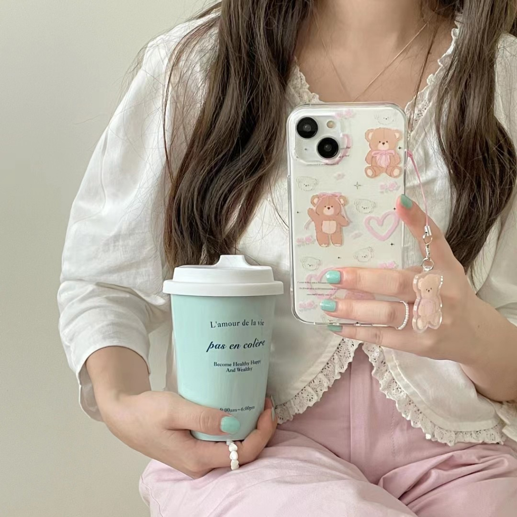 casephoneg-ป้องกันการหล่น-ขอบเต็ม-พร้อมจี้-iphone-11-14-pro-max-การ์ตูน-หมีน้อย-เส้นขอบโปร่งใส-case-for-iphone-12-13