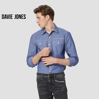 DAVIE JONES เสื้อเชิ้ต ผู้ชาย แขนยาว สีฟ้า Long Sleeve Shirt in blue SH0112LB