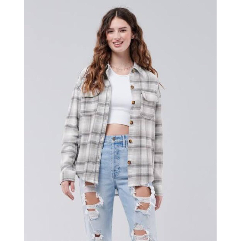 Hollister Oversized Flannel Shirt Jacket in Grey Shopee Thailand
